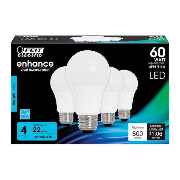 Feit A19 E26 (Medium) LED Bulb Daylight 60 Watt Equivalence 4 pk